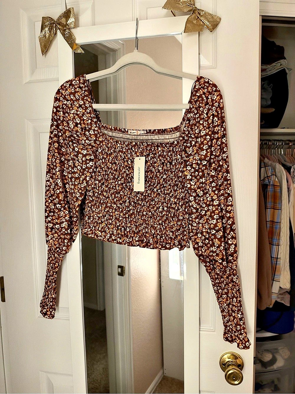 Francesca's Floral Long Sleeve Crop Top in Brown & White NWT